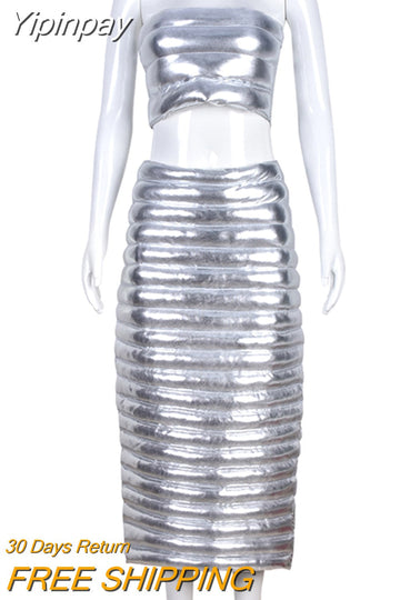 Yipinpay Piece Set Women Cotton Padded Outfits Sexy Strapless Corset Top+High Waist Skinny Long Skirts 2023 Fall Winter Warm Suits